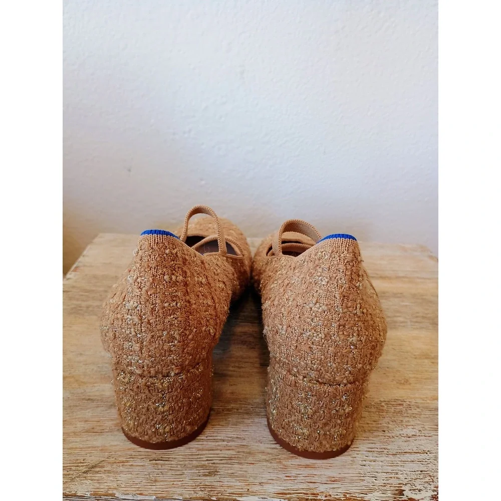 Rothys The Mary Jane Double Buckle Block Heel Camel Tweed Gold Metallic Shoes 6